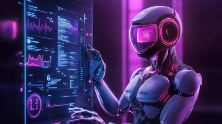A futuristic robot engages with a digital interface, surrounded by vibrant neon lights. The scene captures the essence of advanced technology and artificial intelligence.の素材