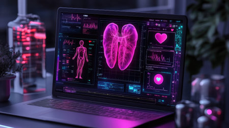 A modern laptop screen displays a vibrant digital visualization of the human heart and lung. This sleek design highlights health technology and data analysis for medical research.の素材