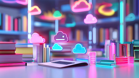 A vibrant digital workspace featuring a laptop and colorful cloud icons. Ideal for themes of technology, creativity, and modern education in a striking setting.の素材