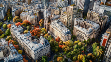Capture the vibrant beauty of an urban landscape in autumn, showcasing colorful foliage surrounding modern and historic architecture from an aerial perspective.の素材