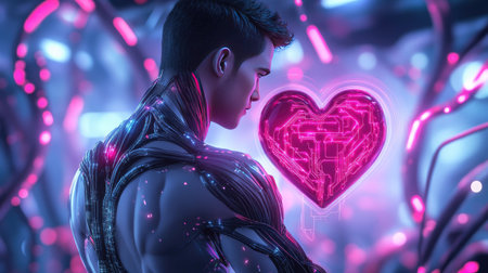 A futuristic human figure stands beside a glowing heart symbol, surrounded by a vibrant technology backdrop. The image represents a blend of emotion and innovation, capturing the essence of connection in a digital realm.の素材