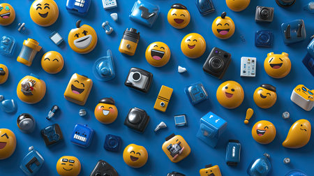A vibrant flat lay image featuring a playful assortment of emoji icons and various gadgets on a bright blue background, showcasing joy and modern technology.の素材