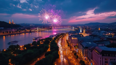 Captivating view of vibrant fireworks illuminating Budapest's skyline at dusk. The scene features the Danube River, stunning architecture, and festive atmosphere.の素材