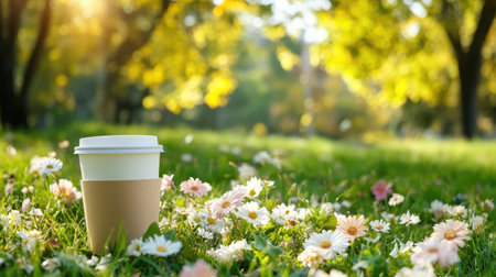 A warm coffee cup placed on vibrant grass, surrounded by blooming flowers, captures a serene moment in nature, perfect for relaxation and enjoyment.の素材
