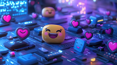 A vibrant digital landscape showcasing joyful emoticons surrounded by heart symbols. This colorful illustration embodies playfulness and modern technology in a creative way.の素材