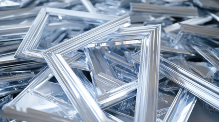 A stunning collection of silver photo frames stacked artistically together, perfect for showcasing your memories or artwork. Ideal for home or office decor.の素材