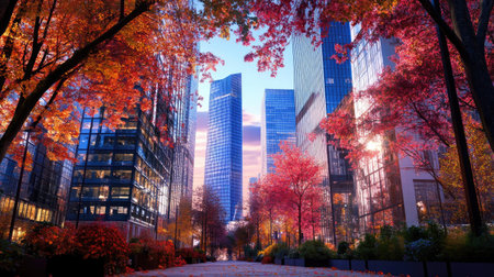 A stunning urban scene showcasing vibrant autumn foliage with colorful trees framing modern skyscrapers. Experience the tranquility of city life in fall.の素材