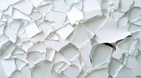 A close-up view of broken glass fragments scattered on a white surface, showcasing sharp edges and unique shapes, ideal for backgrounds or texture design.の素材