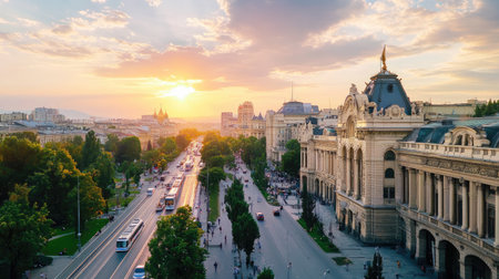 A stunning sunset casts vibrant colors over a bustling urban street, showcasing beautiful architecture and lush trees, creating a captivating cityscape view.の素材