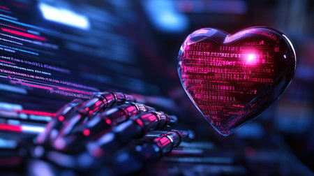 A robotic hand reaches for a glowing digital heart amidst vibrant binary code, symbolizing the blend of technology and emotion in a futuristic world.の素材