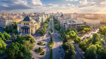 A vibrant panoramic view showcasing a bustling urban landscape filled with greenery, iconic buildings, and a busy avenue under a bright sky, inviting exploration.の素材