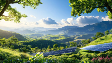 A breathtaking view of a mountainous landscape featuring solar panels nestled among vibrant greenery, showcasing the beauty of nature and sustainable energy solutions.の素材