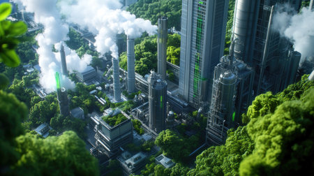 A striking aerial view of a futuristic industrial city nestled in a green forest, showcasing advanced technology and structures amidst nature, highlighting harmony and innovation.の素材
