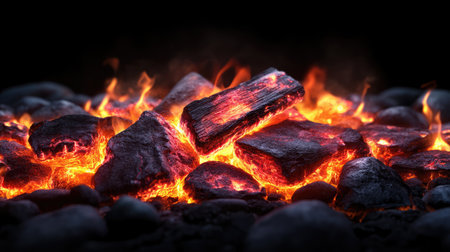 Capture the essence of a campfire scene with glowing embers and lava-like rocks radiating warmth and energy, perfect for outdoor and adventure themes.の素材