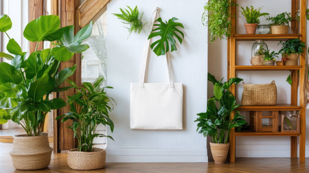 This image features a stylish modern interior with a tote bag hanging against a wall, complemented by lush green plants in decorative pots, creating a serene and inviting atmosphere.の素材