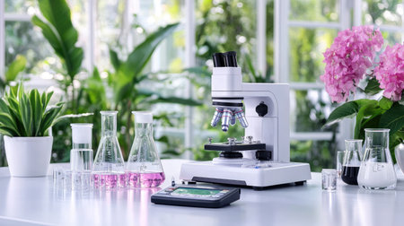 A bright laboratory scene featuring a modern microscope, glassware, and vibrant plants. Perfect for showcasing scientific research, education, and innovation in a natural setting.の素材