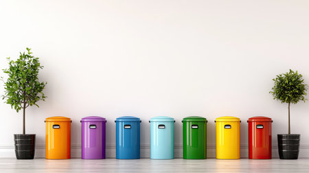 A vibrant display of colorful trash bins arranged in a line against a minimalist wall, complemented by potted plants, perfect for promoting cleanliness and organization in modern spaces.の素材