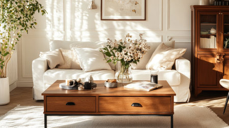 A bright and inviting living room featuring a comfortable white couch, a wooden coffee table with decor, and a floral centerpiece. Sunlight streams through, enhancing the cozy atmosphere.の素材