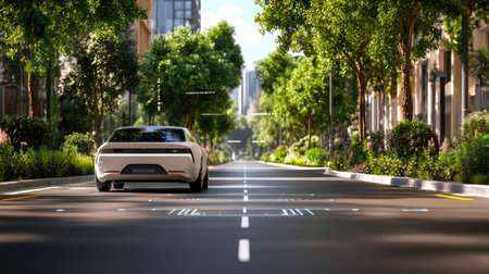 A sleek electric car drives down a tree-lined urban street, showcasing sustainable living and advanced technology in a modern cityscape filled with greenery.の素材