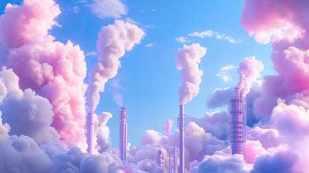 A dreamy industrial landscape featuring colorful clouds and emissions rising from factories into a blue sky. The surreal scene captures the interplay of nature and industry, embodying beauty and environmental themes.の素材