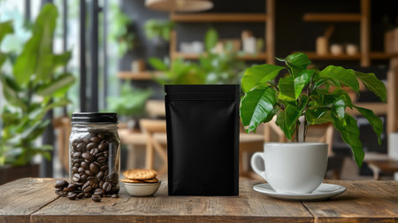 A charming still life composition featuring coffee beans in a jar, a tea cup, cookies, and a green plant on a wooden table, showcasing a cozy cafe atmosphere.の素材