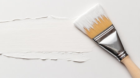 A close-up view of a paintbrush applying a smooth layer of white paint on a clean surface. Perfect for showcasing art, DIY projects, or home renovation ideas.の素材