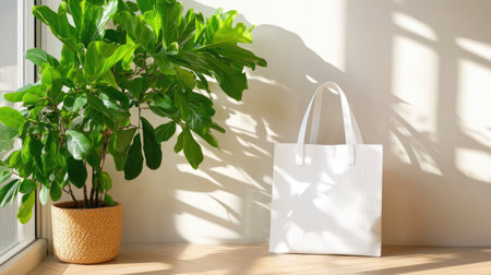 A serene interior scene featuring a lush green plant and a simple white tote bag, illuminated by warm sunlight, creating a peaceful and inviting atmosphere.の素材