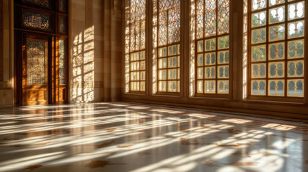 Experience the beauty of a stunning architectural interior filled with natural light and intricate design. The dynamic shadows create an inviting atmosphere.の素材