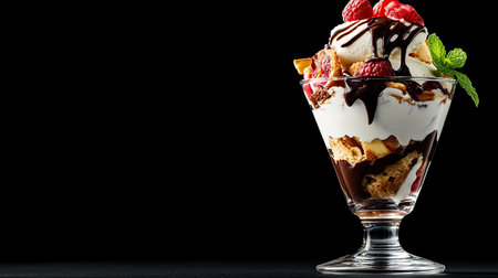 This luxurious chocolate parfait features layers of smooth ice cream, fresh raspberries, and a hint of mint, perfect for any dessert lover's indulgence.の素材