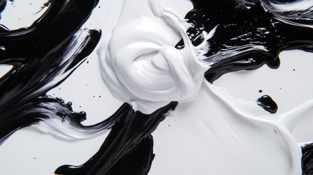 This stunning image features abstract black and white paint swirls on a canvas, showcasing intricate textures and elegant contrasts, perfect for artistic projects.の素材