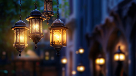 Captivating image of ornate hanging lanterns casting a warm glow on an evening street, creating a serene and inviting atmosphere perfect for exploration.の素材