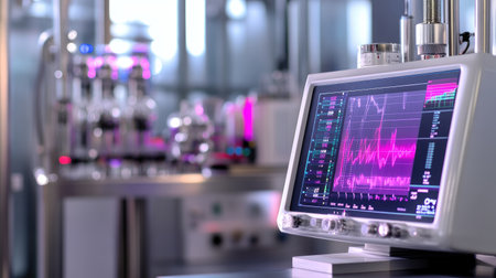 A high-tech medical monitor showcases vital signs and waveforms in a clinical setting. Ideal for health and technology projects, illustrating advanced healthcare monitoring.の素材