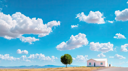 A tranquil rural landscape featuring a solitary house and a tree under a bright blue sky filled with beautiful clouds, evoking feelings of peace and simplicity.の素材