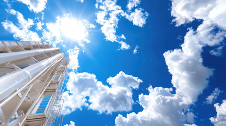 A striking view of a tall structure reaching towards a vibrant blue sky, dotted with fluffy white clouds, capturing a sense of freedom and serenity.の素材