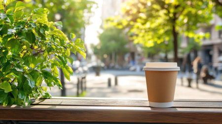 A serene urban scene featuring a coffee cup resting on a wooden table surrounded by lush green leaves, offering a refreshing drink environment filled with nature.の素材