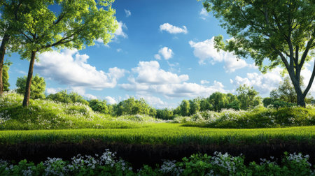 A serene summer landscape showcases lush green grass beneath a vibrant blue sky filled with fluffy white clouds. This peaceful scene invites relaxation and contemplation.の素材