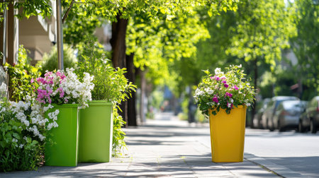 Vibrant flower pots in bright colors grace a serene sidewalk lined with lush greenery. This scene captures the beauty of urban nature and gardening.の素材