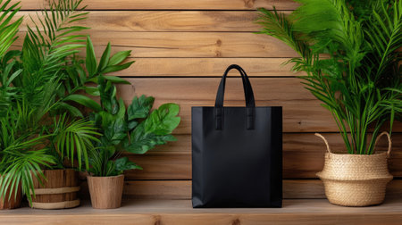 A sleek black shopping bag rests on a wooden shelf, framed by lush green plants, creating an inviting and stylish atmosphere perfect for retail or home decor.の素材