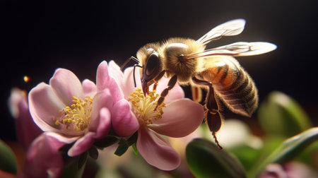 A stunning close-up captures a bee pollinating a delicate pink flower. The image showcases the intricate details of nature, highlighting the beauty of pollination.の素材