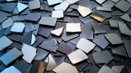 A stunning close-up of shattered mirror tiles lying on a surface, creating an engaging mosaic of reflections. Perfect for design and abstract projects.の素材