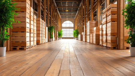 A spacious industrial warehouse interior featuring a wooden floor and lush potted plants, illuminated by natural light from large windows, showcasing modern design.の素材