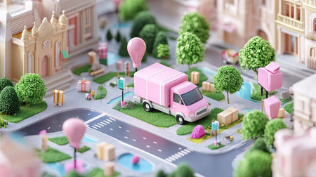A charming miniature scene featuring a pink delivery truck surrounded by trees and colorful balloons in a vibrant town layout, evoking a playful atmosphere.の素材