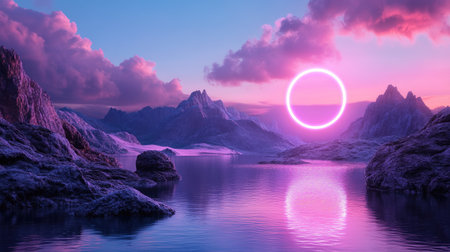 This stunning landscape features serene mountains surrounding a reflective lake, illuminated by a vibrant neon circle at sunrise. The colors create a dreamlike atmosphere.の素材