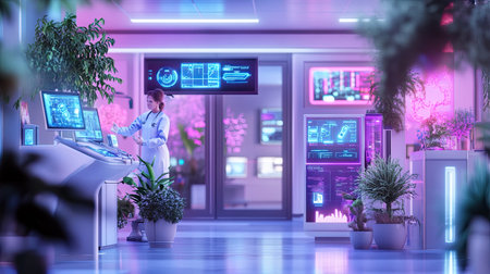 A scientist engages with advanced technology in a colorful, neon-lit laboratory. The environment showcases a blend of nature and innovation, highlighting modern research efforts.の素材