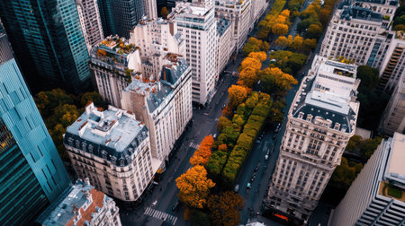 Experience a stunning aerial view of a vibrant city street adorned with autumn foliage. Historic buildings line the road, showcasing urban beauty.の素材