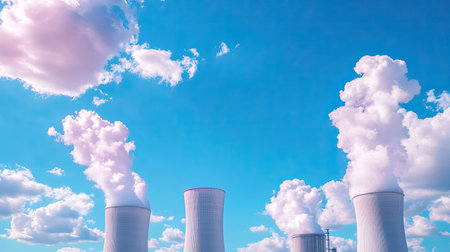 Steam billows from cooling towers under a vibrant blue sky with fluffy clouds. This industrial scene emphasizes energy generation and environmental impact.の素材