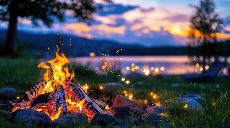 A cozy campfire illuminates the night, surrounded by rocks and grass, reflecting on a serene lake at sunset. Perfect for adventure and relaxation.の素材