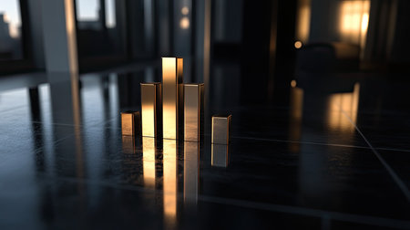 A 3D bar graph with shadows, displaying profit margins, on a dark, reflective surface.の素材