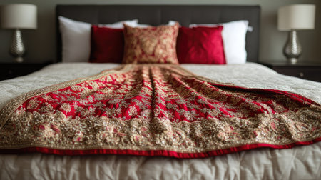 A beautiful Indian lehenga spread out on a bed, showcasing detailed embroidery and beadwork.の素材