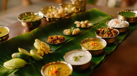 A beautifully arranged thali with banana leaves, used for serving traditional Indian meals during festivals.の素材